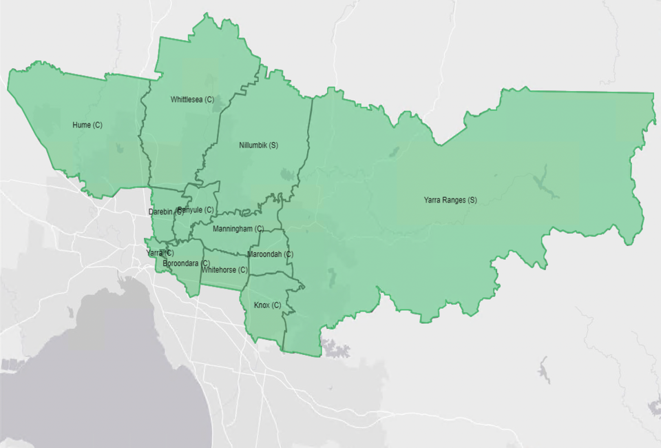 An image of the north eastern suburbs of Melbourne with the twelve local government areas in the NEPHU catchment highlighted